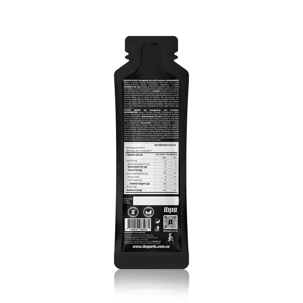 POWER BOOST IBSPORTS GEL MAX FRUCTOSE x 65 ML SABOR MIX NARANJA TORONJA
