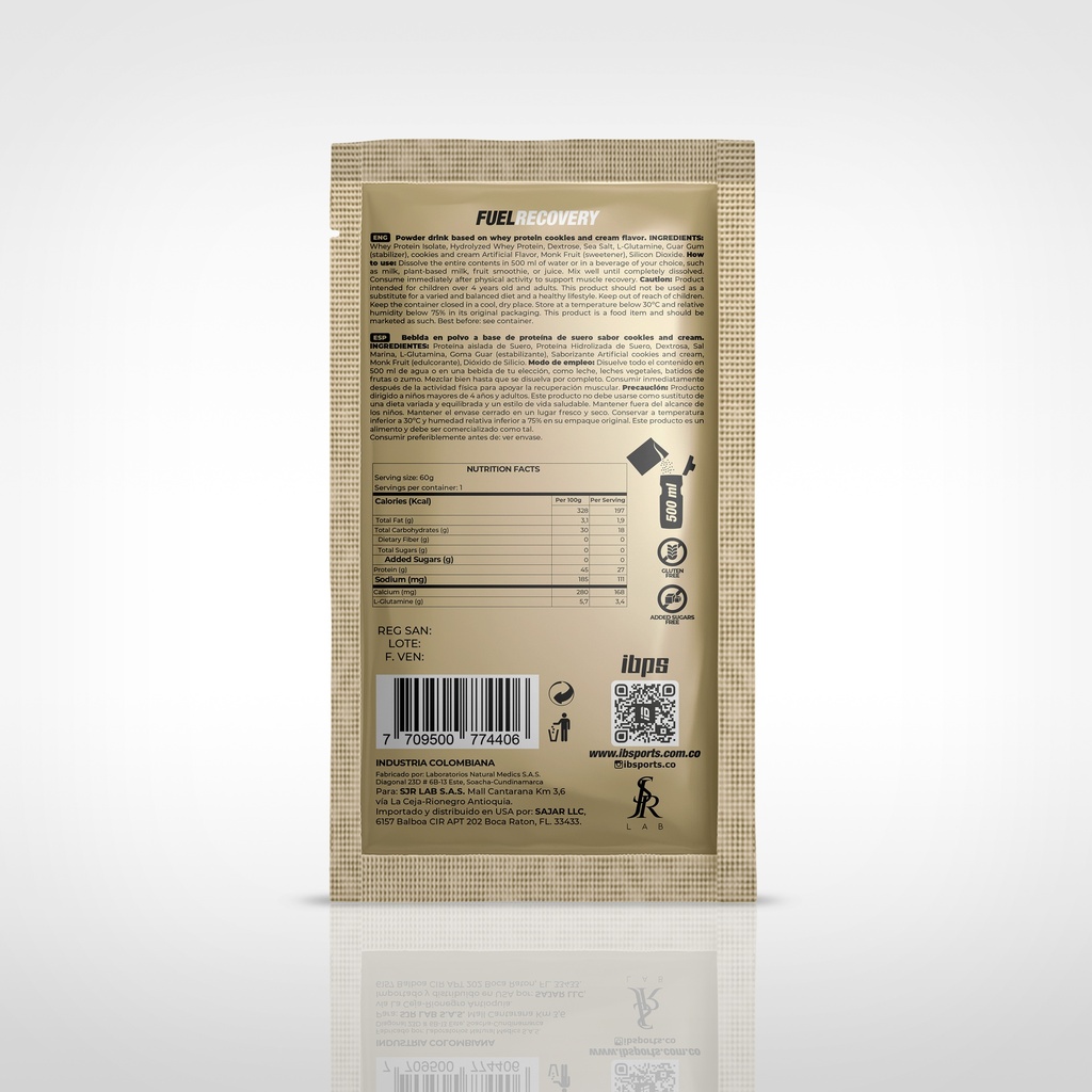 FUEL RECOVERY WHEY PROTEIN IBSPORTS SACHET x 60 G SABOR COOKIES AND CREAM